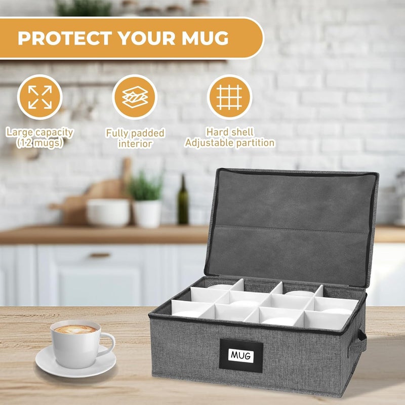 HURZMORO Mug Storage Box with 12 Compartments, Gray Hard Shell Container, Padded Dividers, Dual Handles, Zipper Lid for Coffee Cup Organization and Moving (1, Coffee Cup Storage Box) - Image 4
